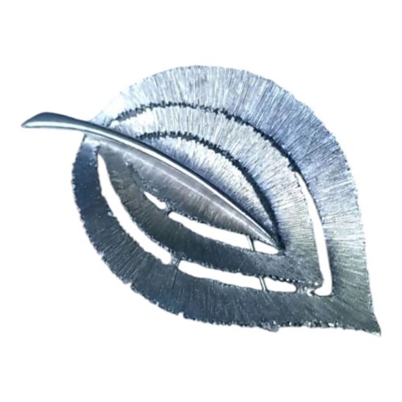 Vintage JJ Silver Leaf Lined Stem Pin Brooch - Picture 1 of 6